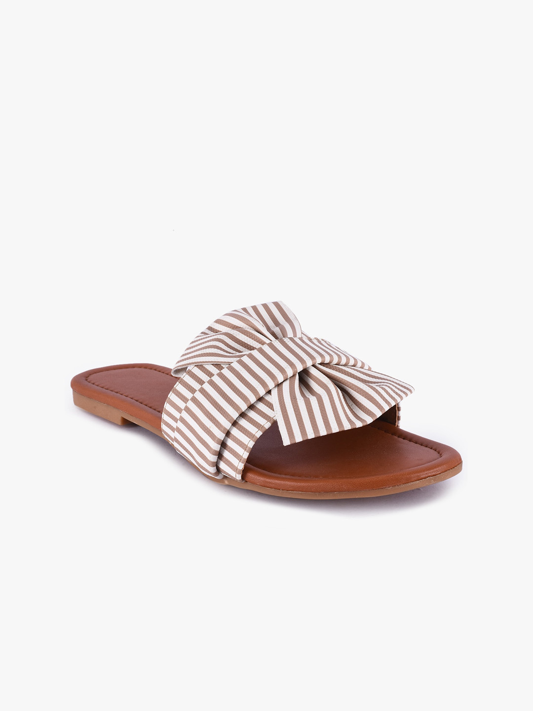

Buckleup Tan Striped Casual Open Toe Flats With Bows