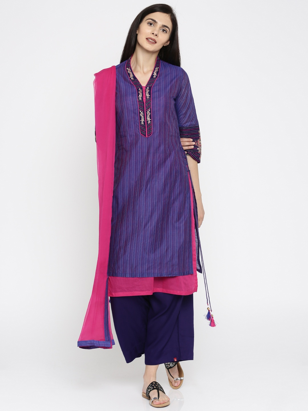 

Biba Women Purple Self-Design Kurta with Trousers & Dupatta
