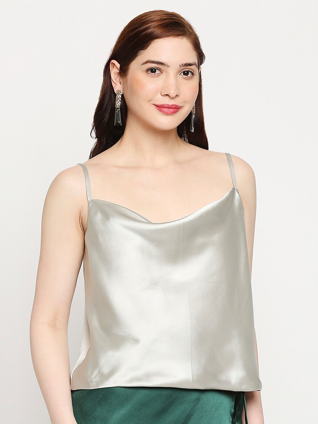 

AMMARZO Silver-Toned Cowl Neck Satin Spaghetti Top