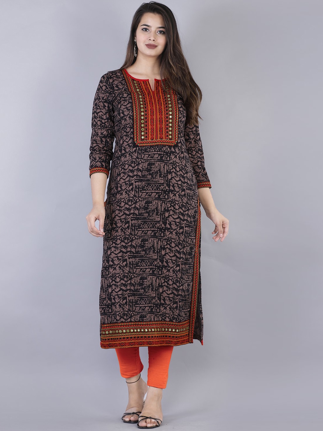 

KALINI Women Brown Geometric Printed Flared Sleeves Thread Work Kurta