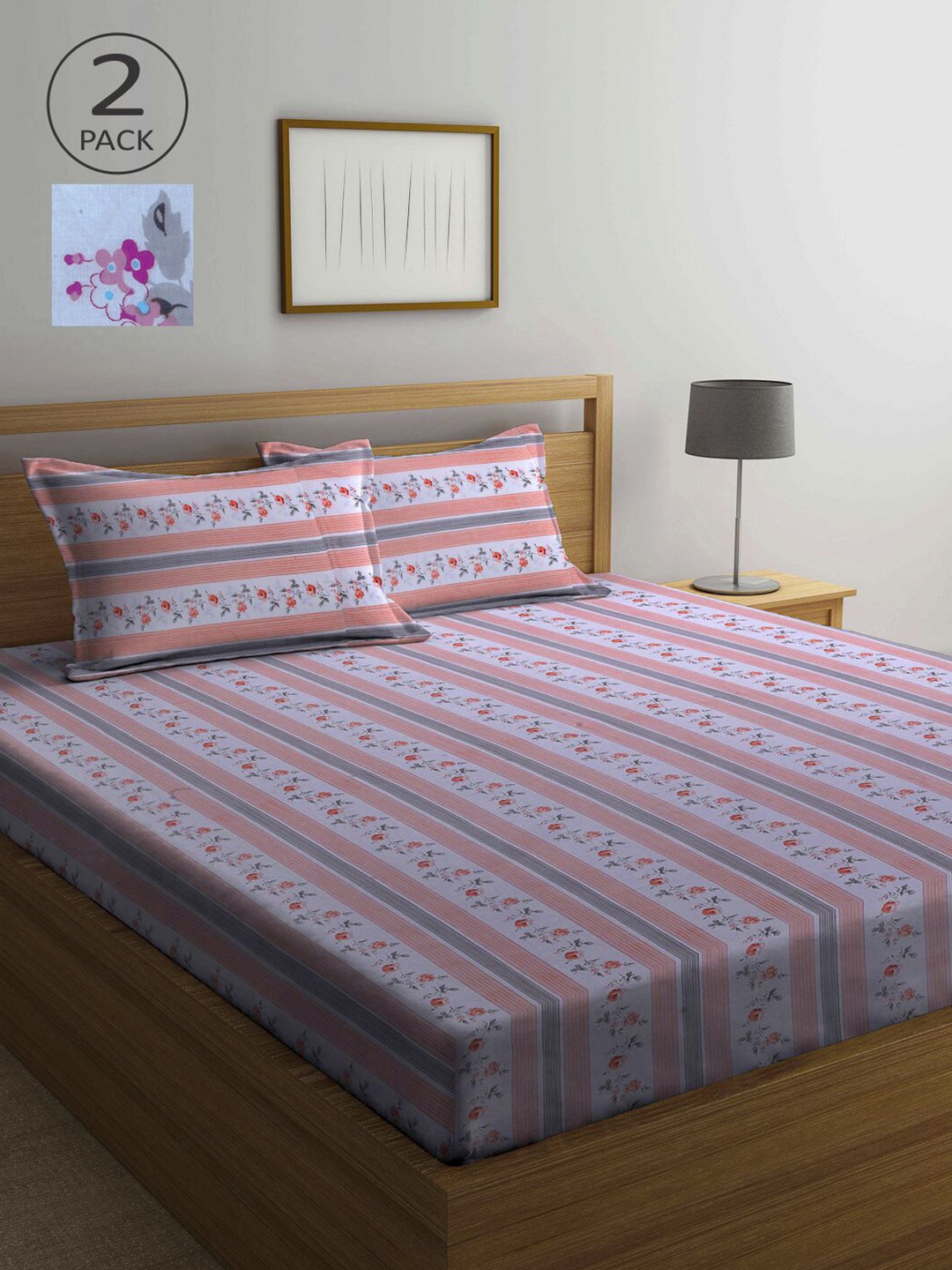 

KLOTTHE White & Pink Printed 210 TC Set of 2 Queen Bedsheet with 4 Pillow Covers