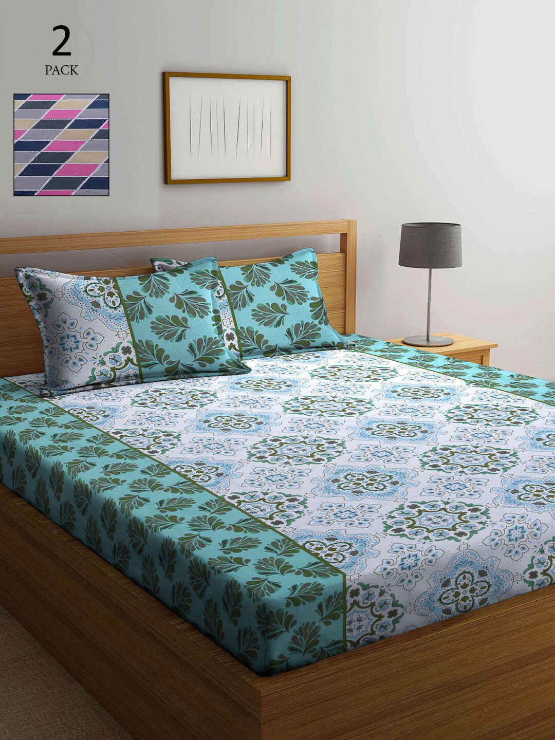 

KLOTTHE Green & Pink Floral 210 TC 2 Queen Bedsheet with 4 Pillow Covers