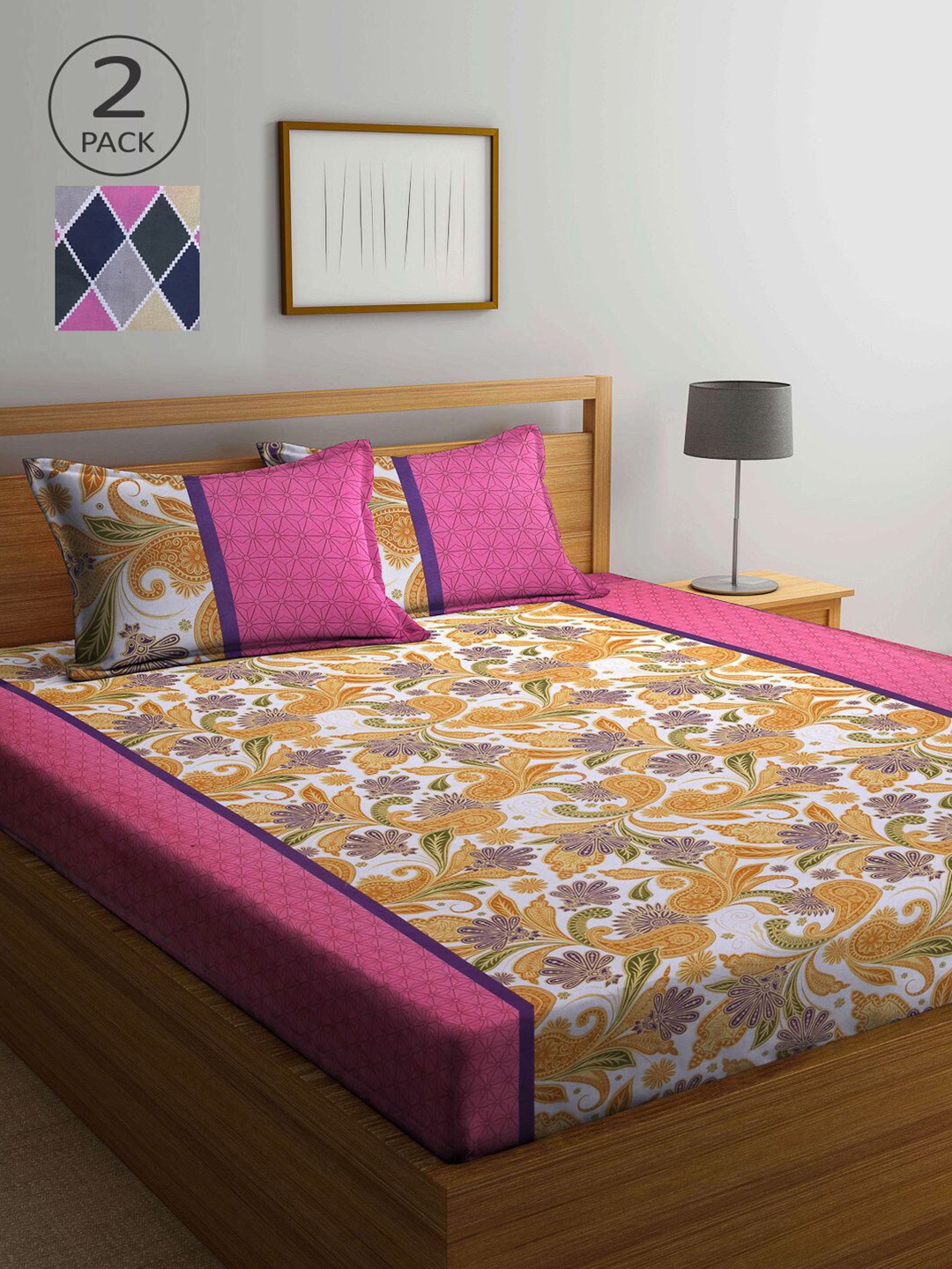 

KLOTTHE Pink & Multicoloured Printed 210 TC Set of 2 Queen Bedsheet with 4 Pillow Covers