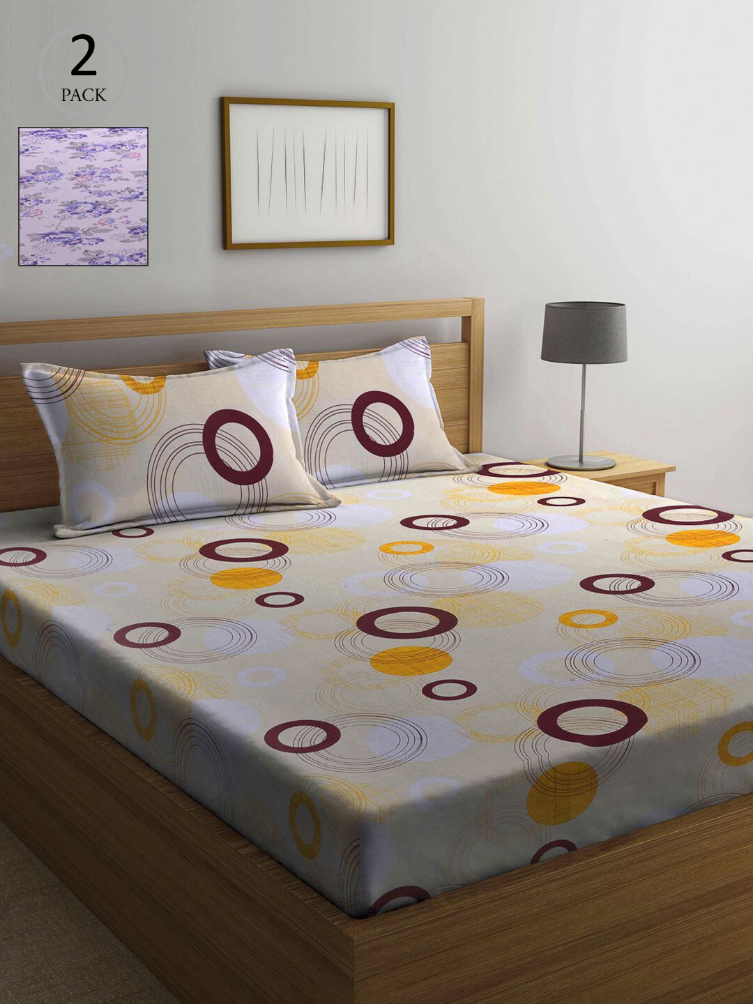 

KLOTTHE Yellow & Lavender Floral 210 TC 2 Queen Bedsheet with 4 Pillow Covers