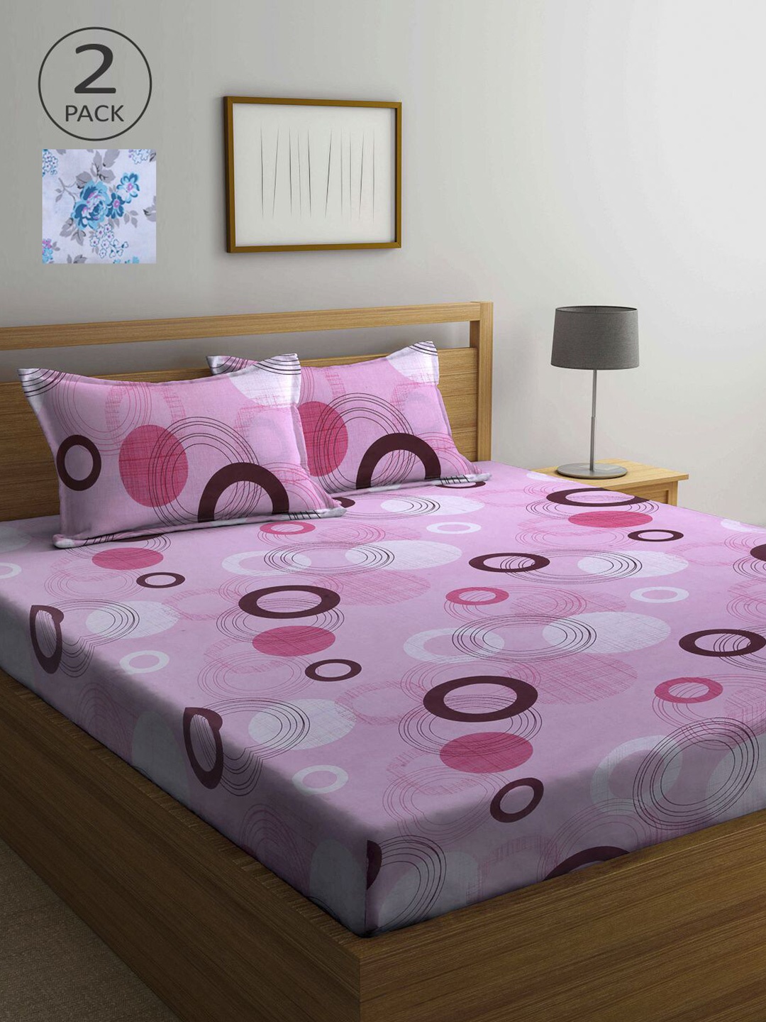 

KLOTTHE Pink & White Geometric 210 TC 2 Queen Bedsheet with 4 Pillow Covers