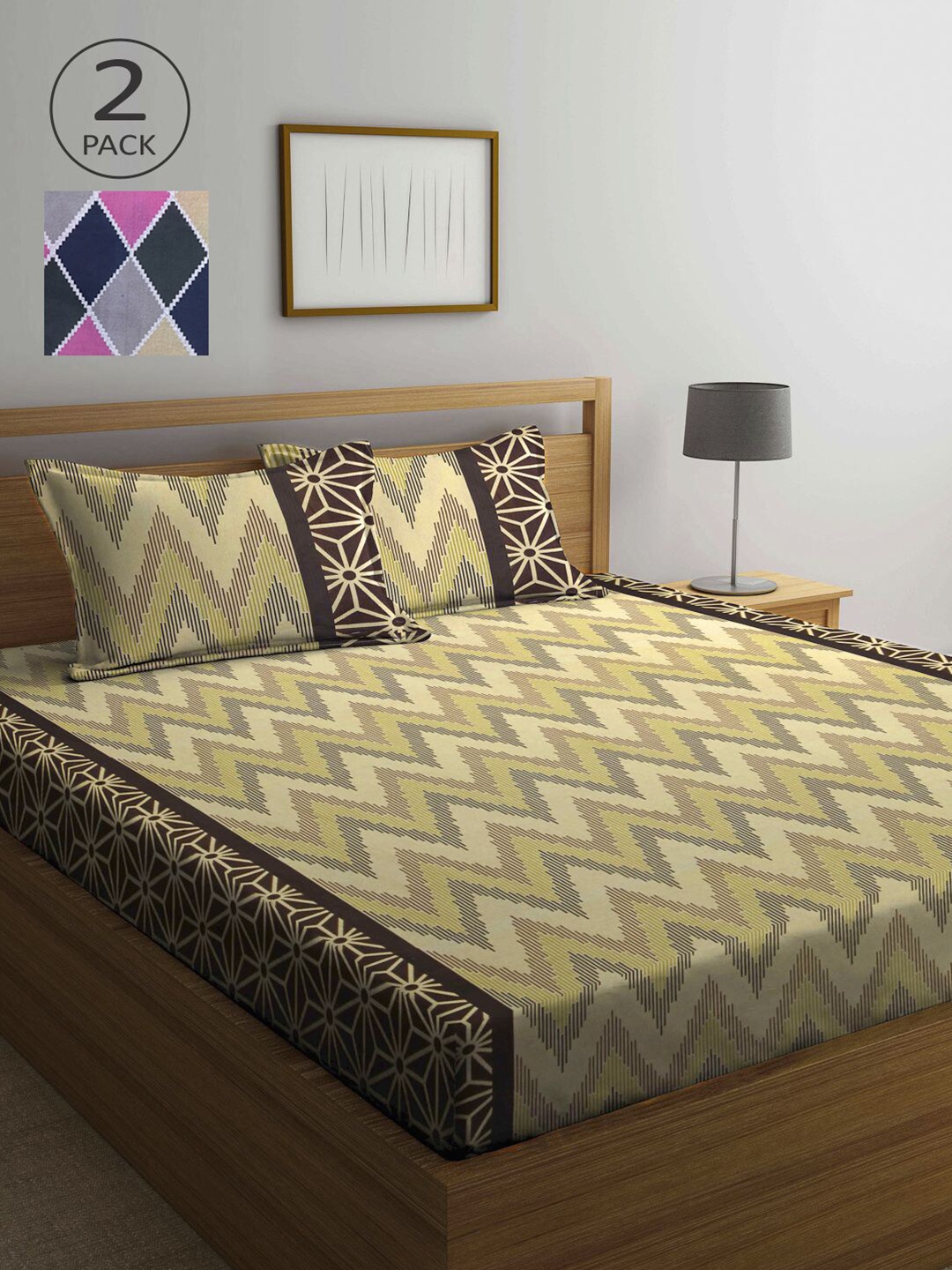 

KLOTTHE Tan & Multicoloured Geometric 210 TC 2 Queen Bedsheet with 4 Pillow Covers