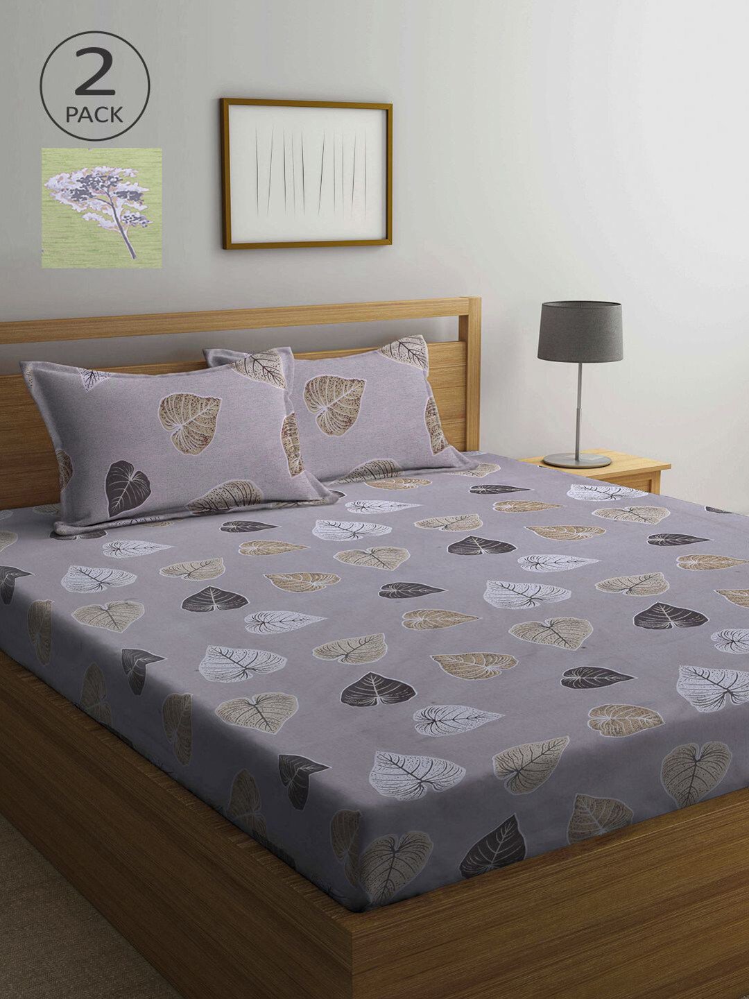 

KLOTTHE Grey & Green Floral 210 TC 2 Queen Bedsheet with 4 Pillow Covers