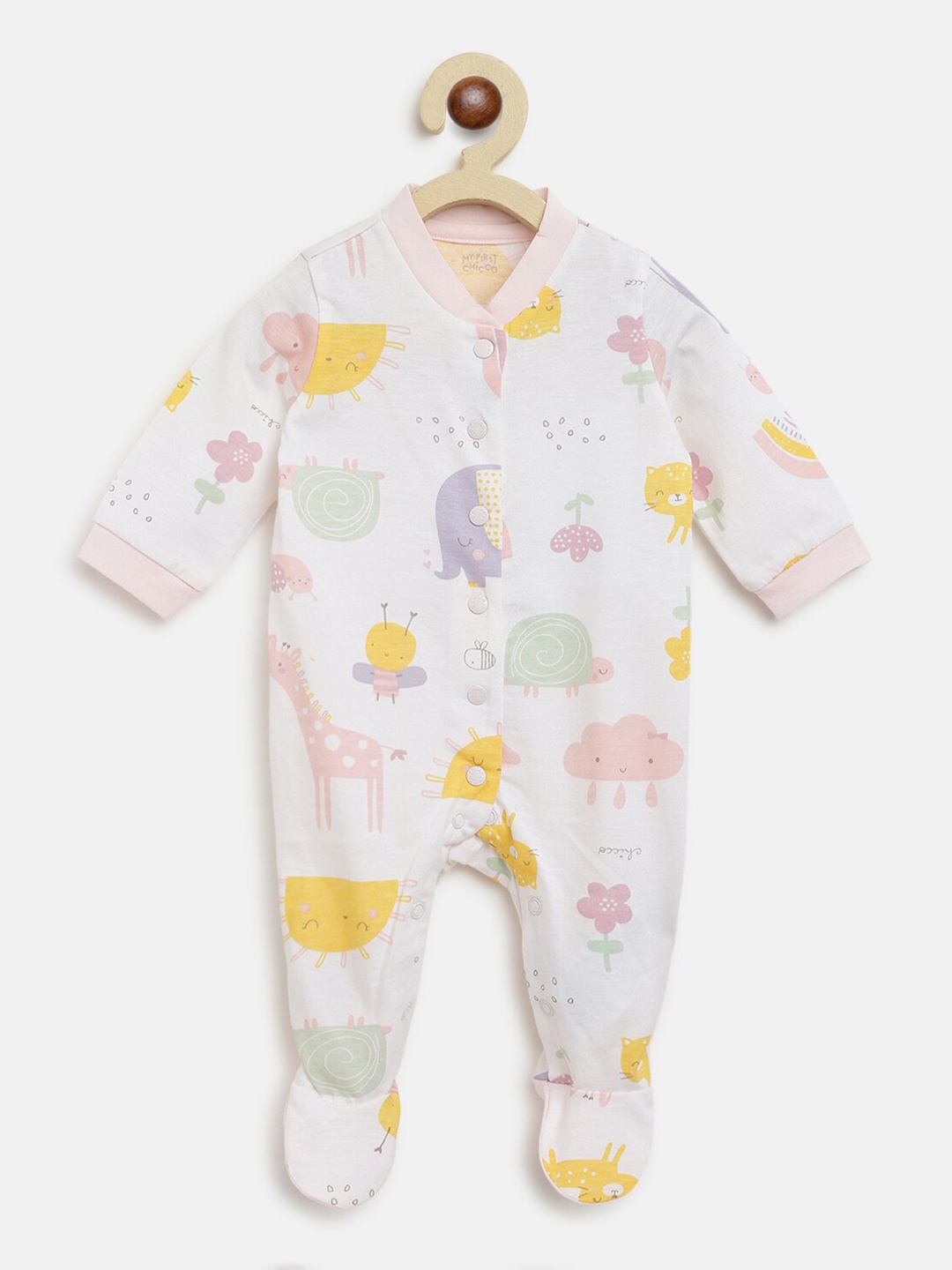 

Chicco Infant Kids White & Orange Printed Pure Cotton Sleepsuit