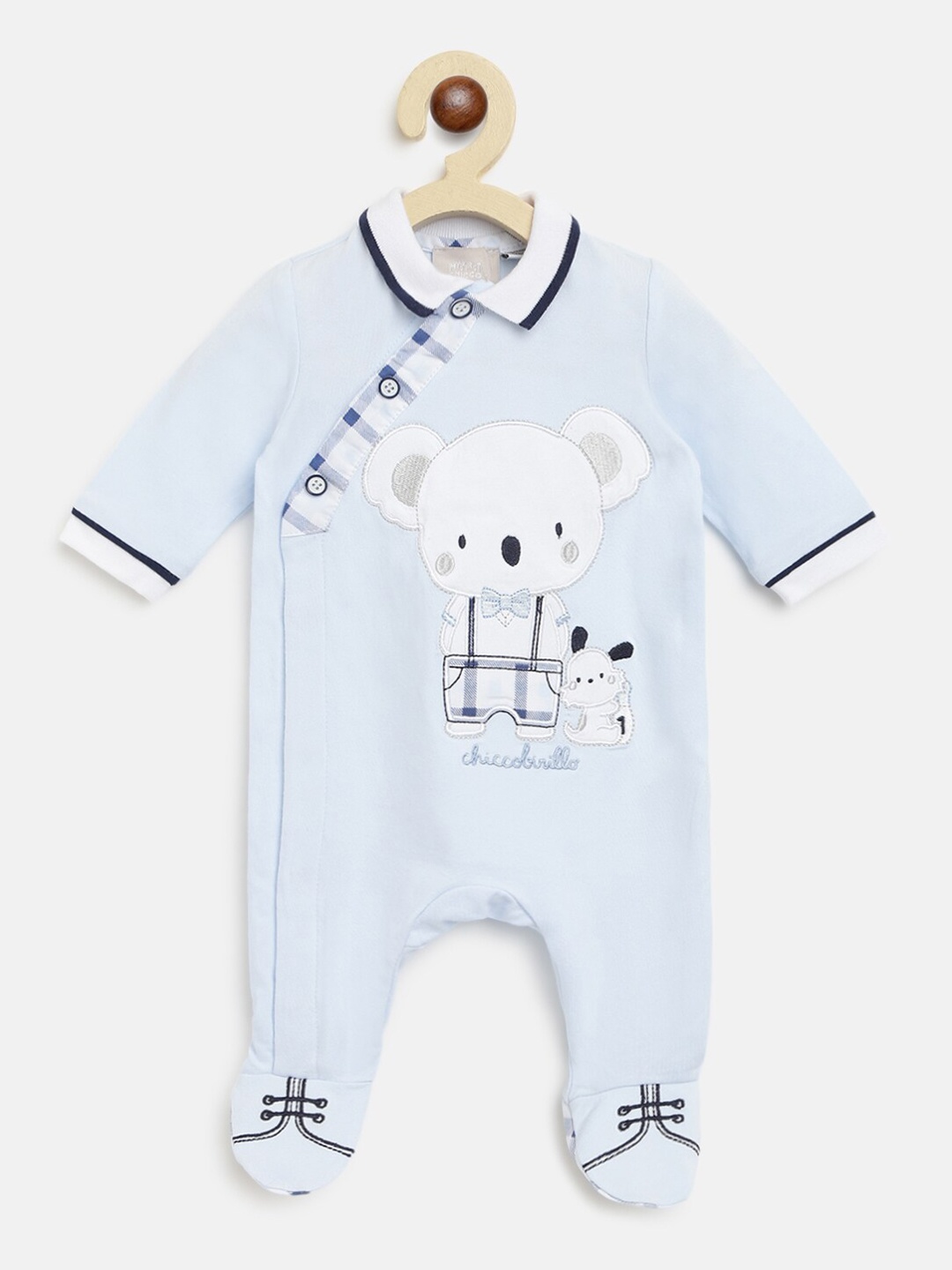 

Chicco Boys Blue & White Applique Teddy Cotton Sleepsuit With Attached Footie