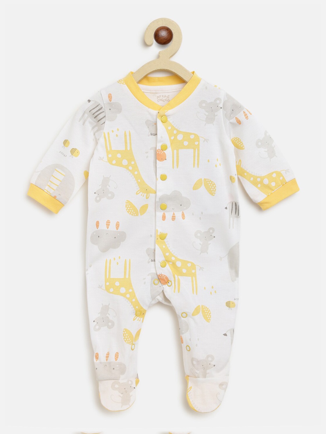

Chicco Kids White & Yellow Printed Pure Cotton Bodysuit