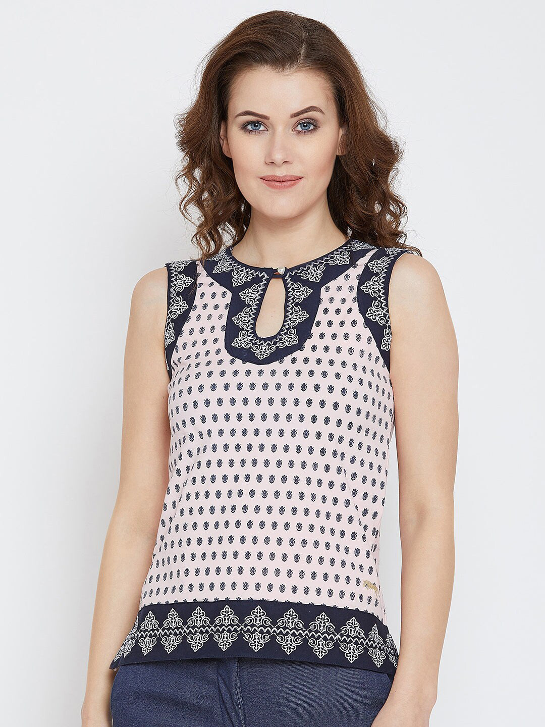 

JUMP USA Beige & Navy Blue Printed Keyhole Neck Top