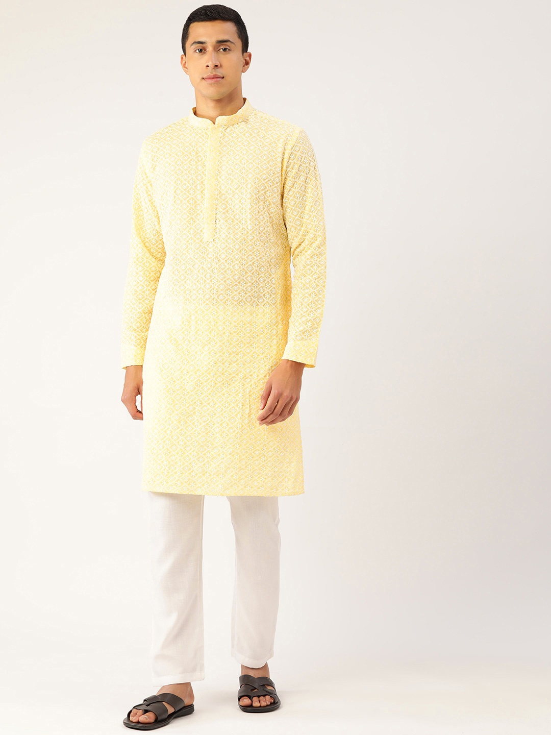 

Molly & Michel Men Yellow Floral Embroidered Chikankari Kurta