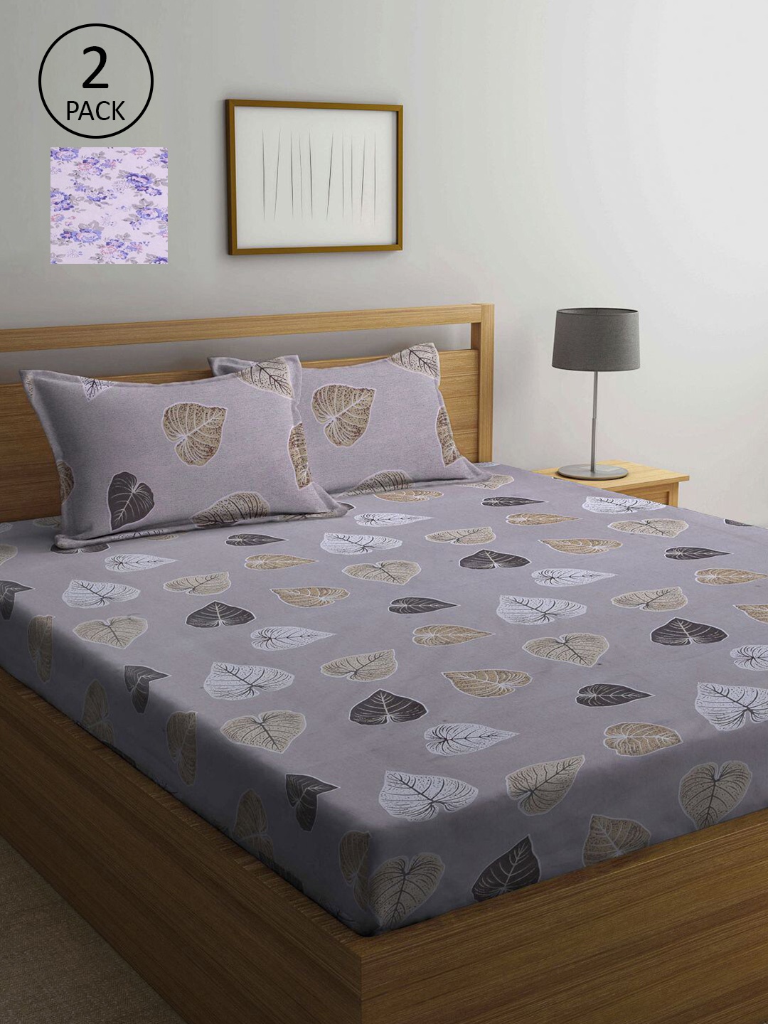 

KLOTTHE Grey & Purple Floral 210 TC 2 Queen Bedsheet With 4 Pillow Covers