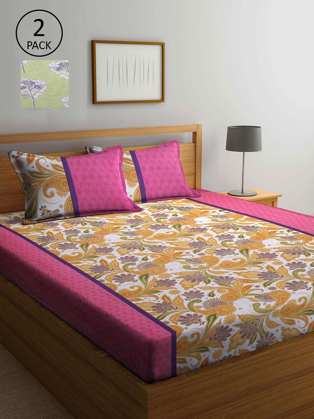 

KLOTTHE Pink & Green Printed Cotton 210 TC Set of 2 Queen Bedsheet with 4 Pillow Covers