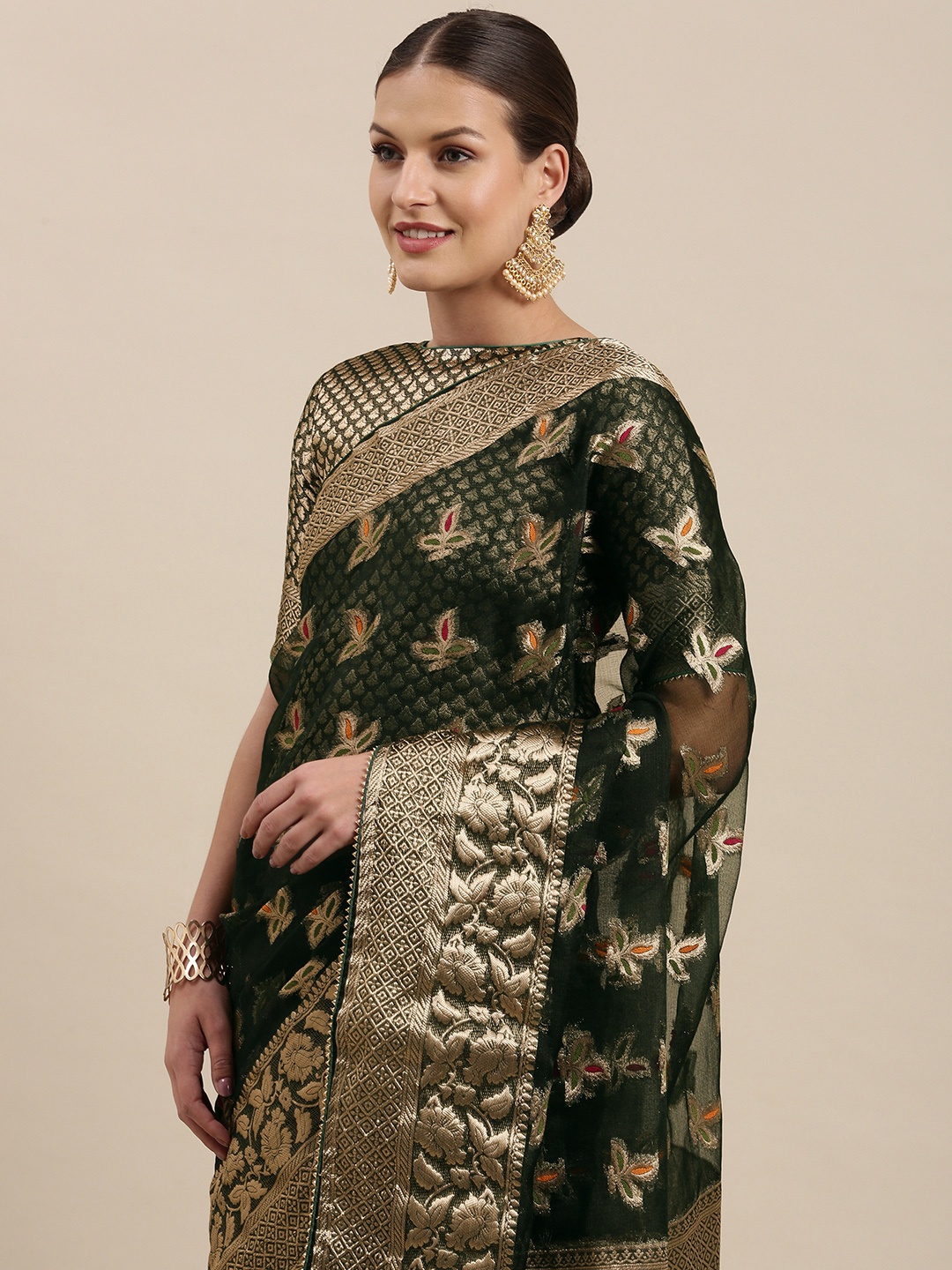 

Geroo Jaipur Green Handcrafted Zari Woven Organza Saree