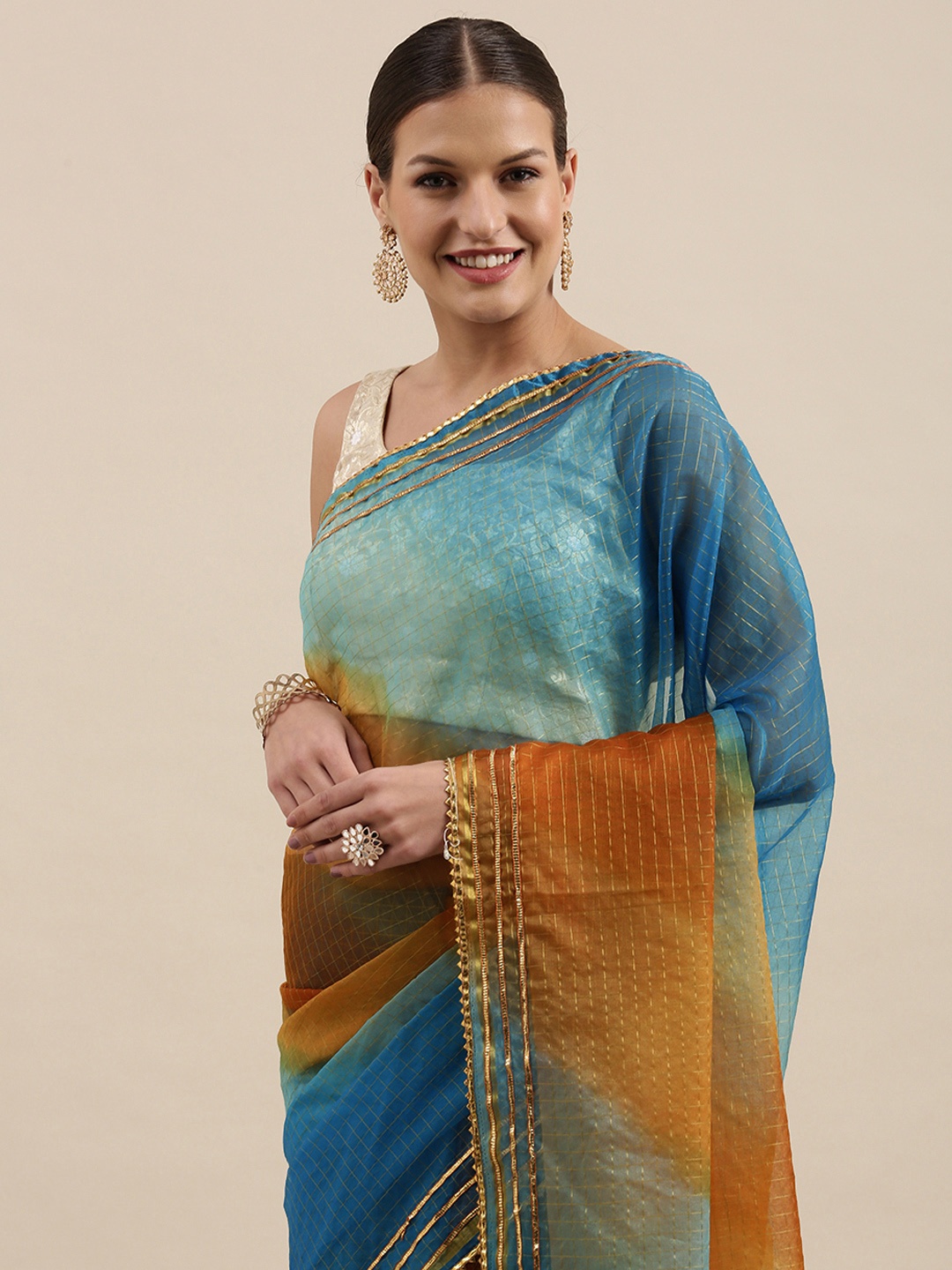 

Geroo Jaipur Blue & Mustard Yellow Dyed Gotta Patti Organza Saree