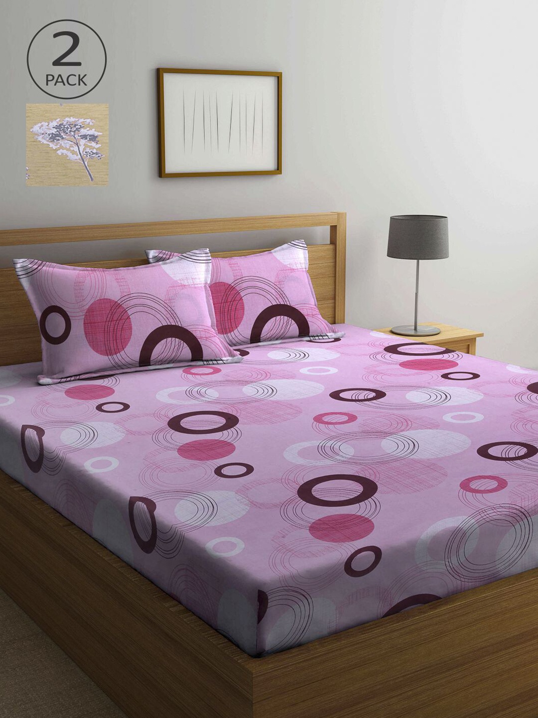 

KLOTTHE Pink & Green Geometric 210 TC 2 Queen Bedsheet with 4 Pillow Covers