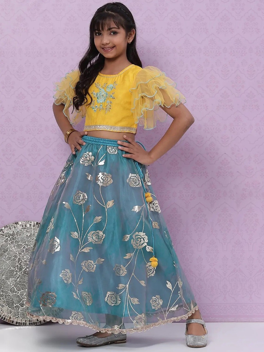 

Biba Girls Yellow & Blue Thread Work Ready to Wear Lehenga