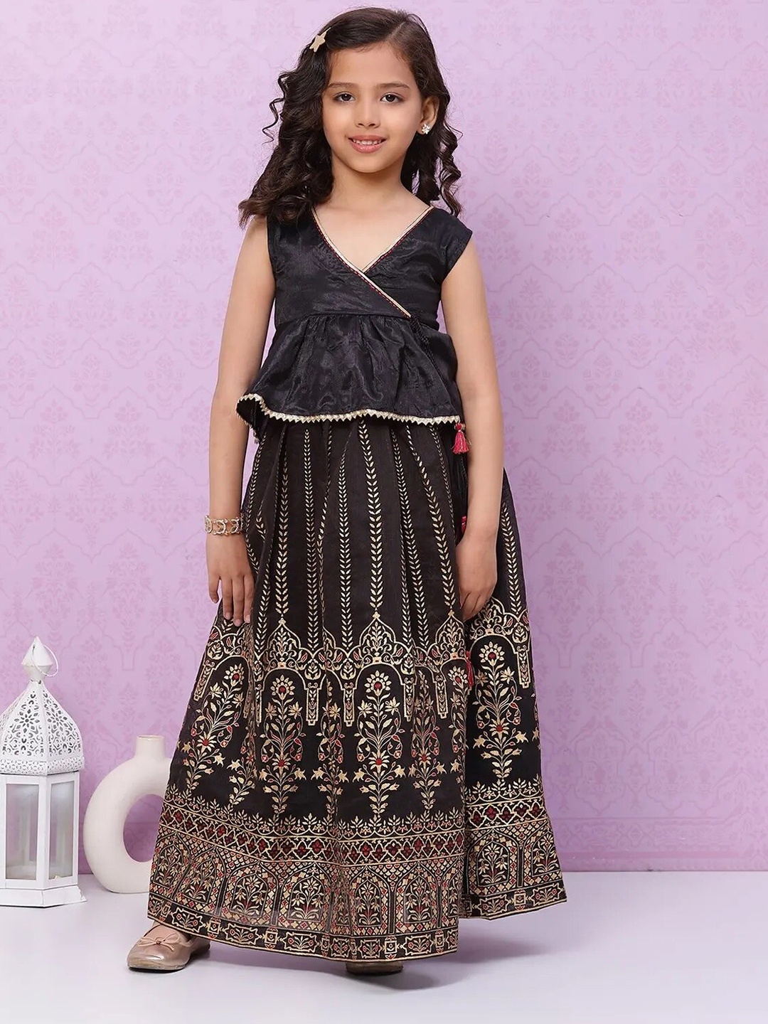 

Biba Girls Black & Gold-Toned Foil Printed Ready to Wear Lehenga & Choli