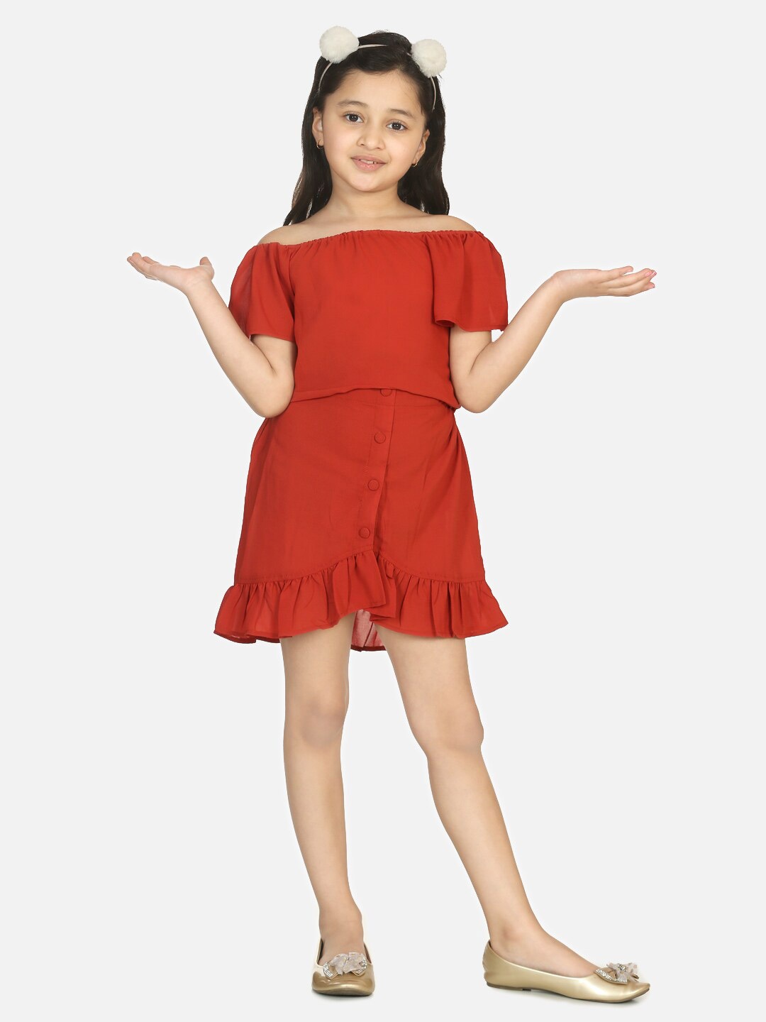 

LilPicks Girls Red Off-Shoulder Top With Skirt, Rust