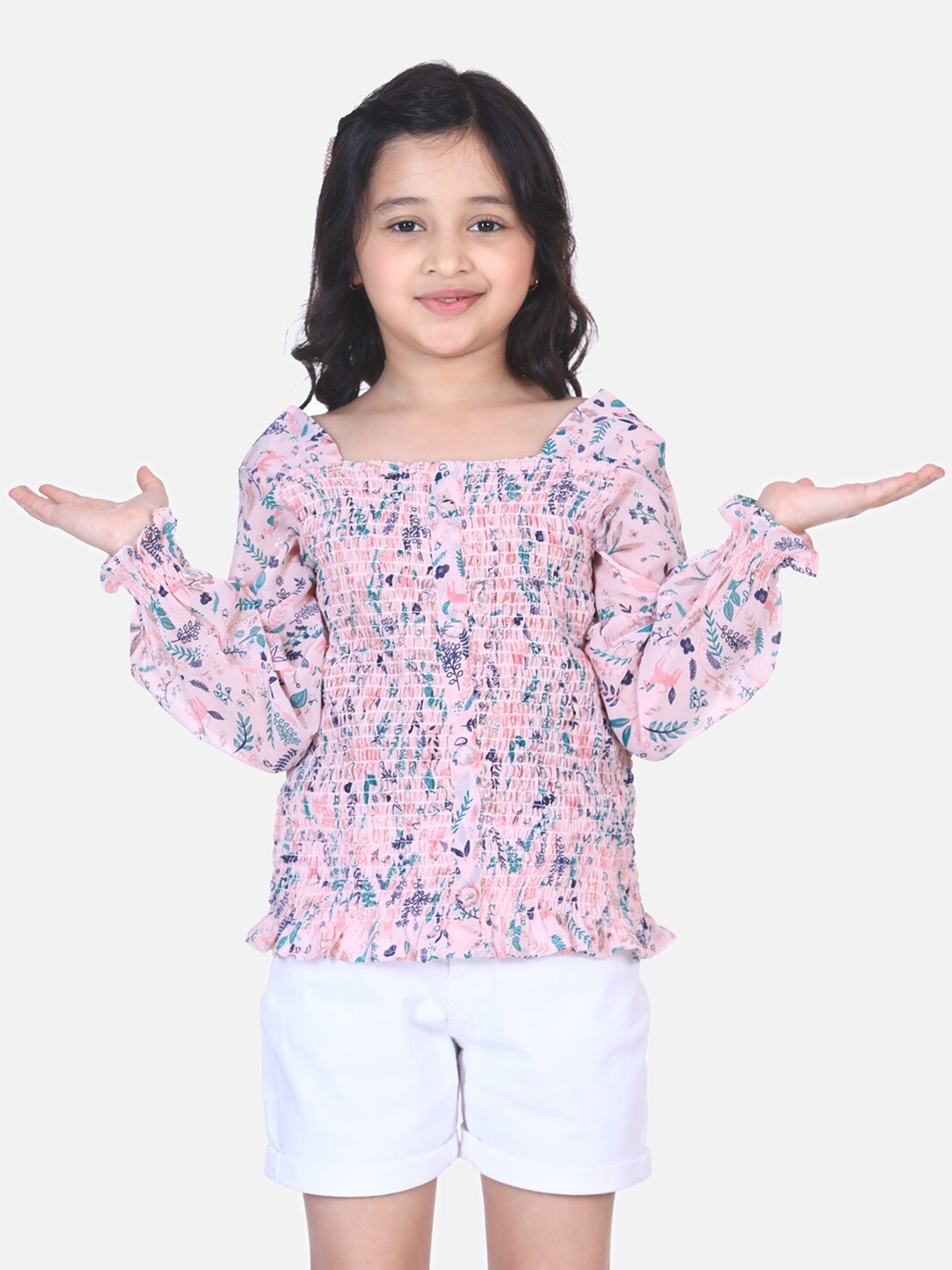 

LilPicks Pink & Green Print Ruffles Smocked Georgette Top