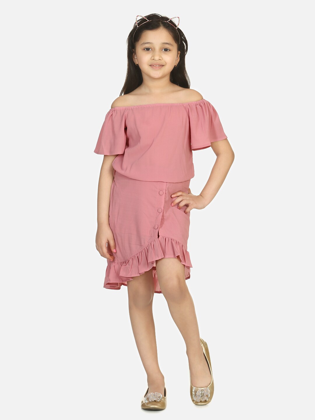 

LilPicks Girls Pink Printed Top with Skirt