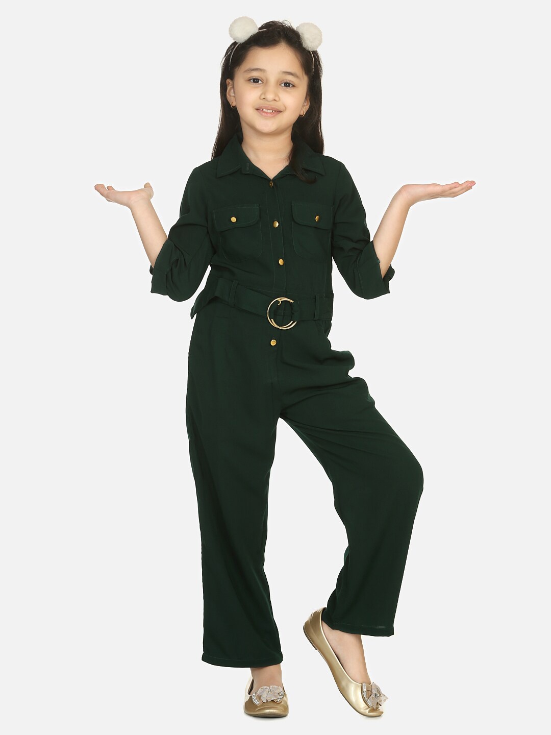 

LilPicks Girls Green Button Formal Basic Jumpsuit