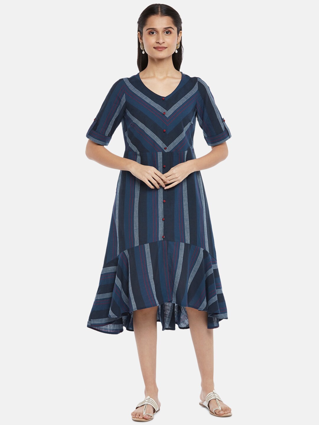 

AKKRITI BY PANTALOONS Women Blue Cotton Striped Midi A-Line Dress