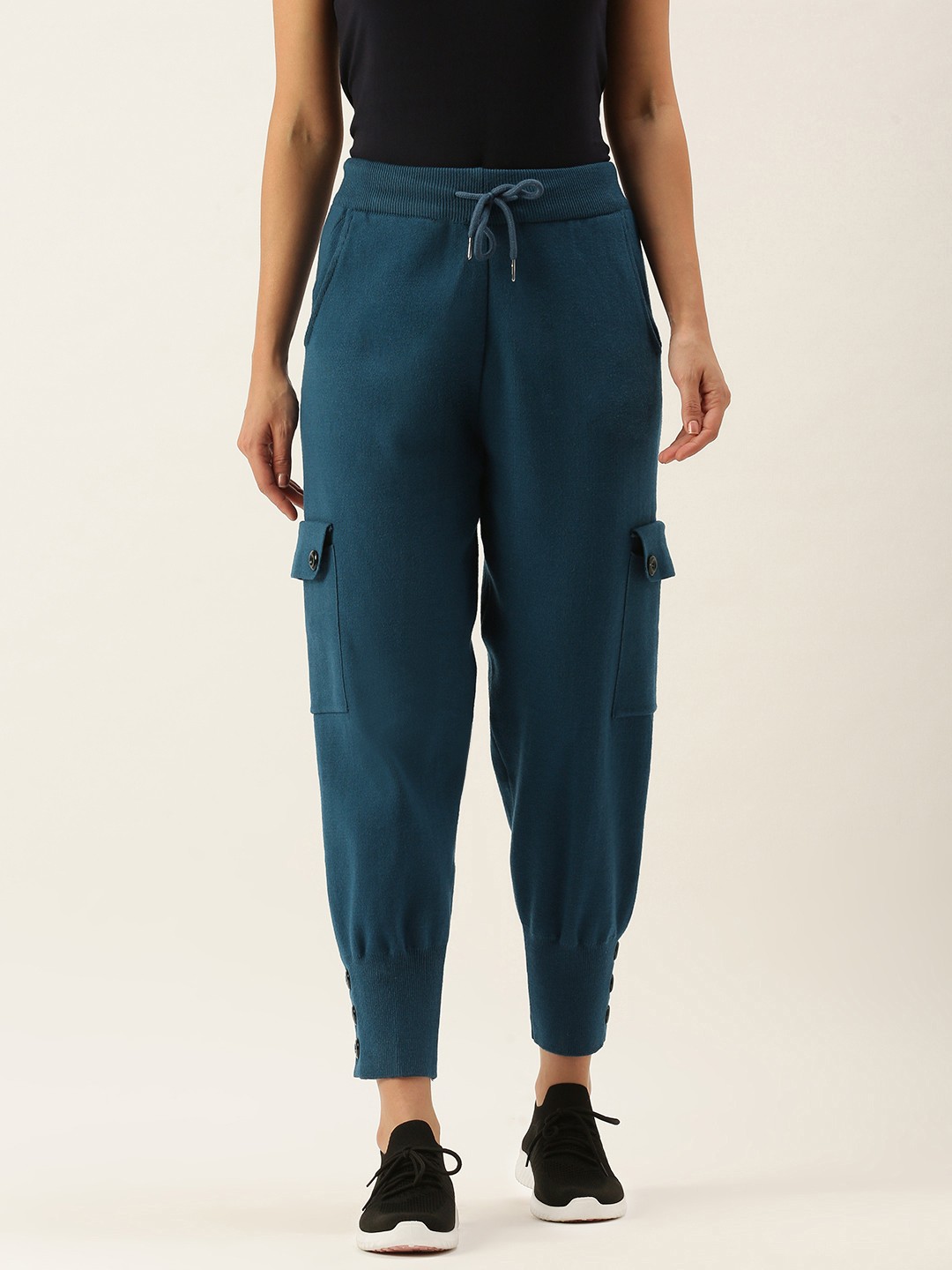 

SHECZZAR Women Teal Blue Solid Joggers with Button Detail