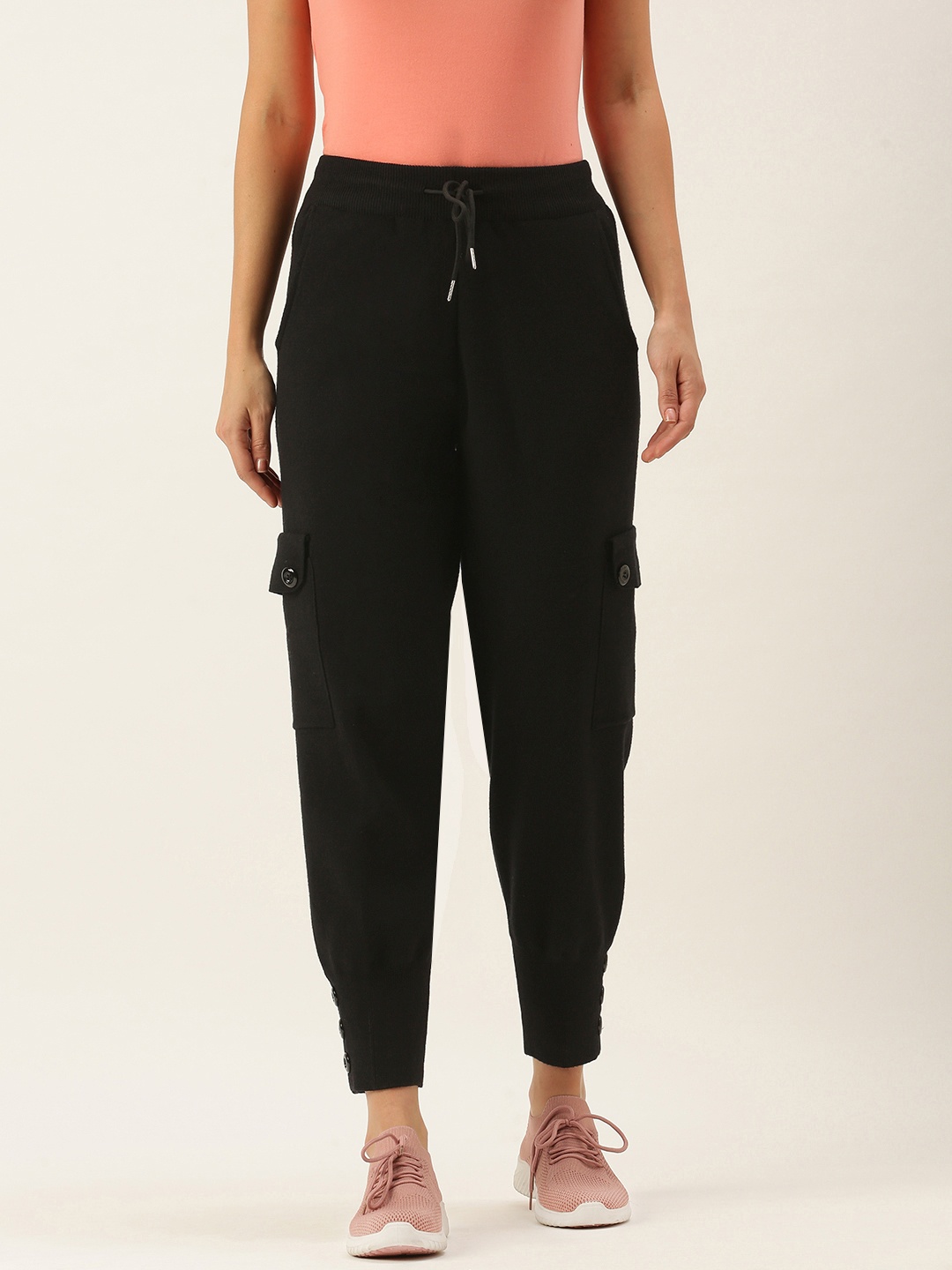 

SHECZZAR Women Black Solid Joggers with Button Detail