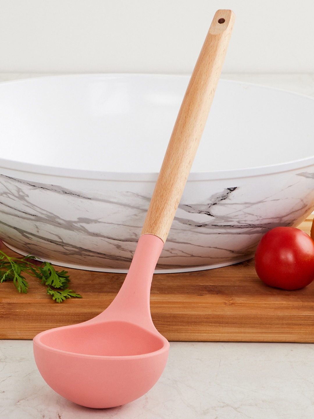 

Home Centre Pink Solid Silicone Ladle With Wooden Handle