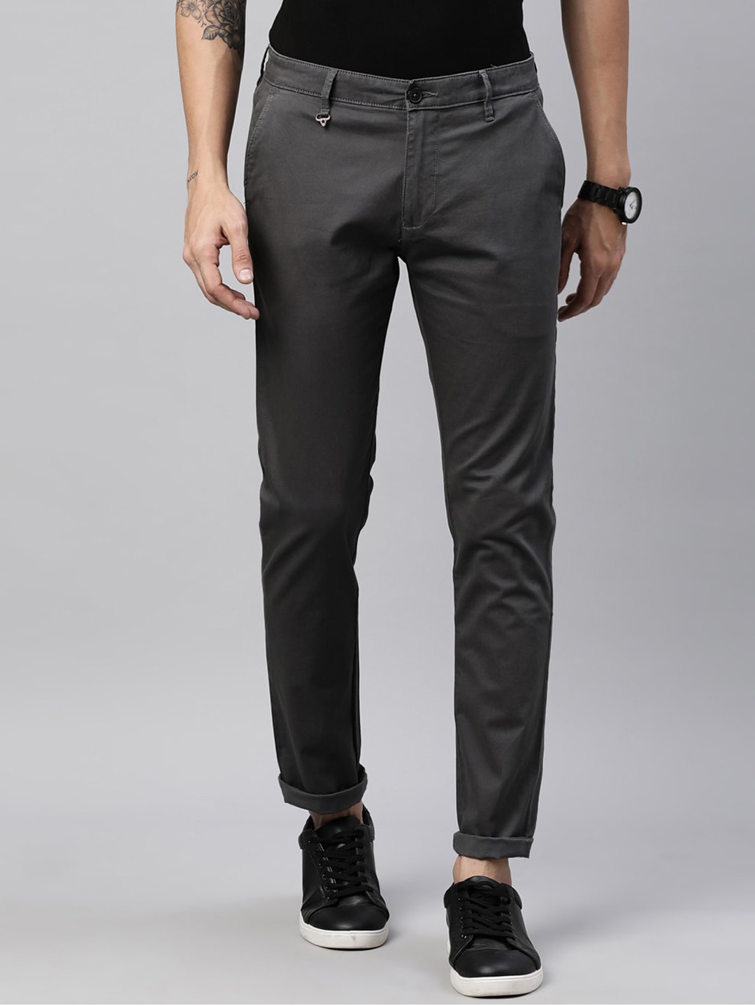 

American Bull Men Navy Blue Relaxed Straight Leg Slim Fit Trousers