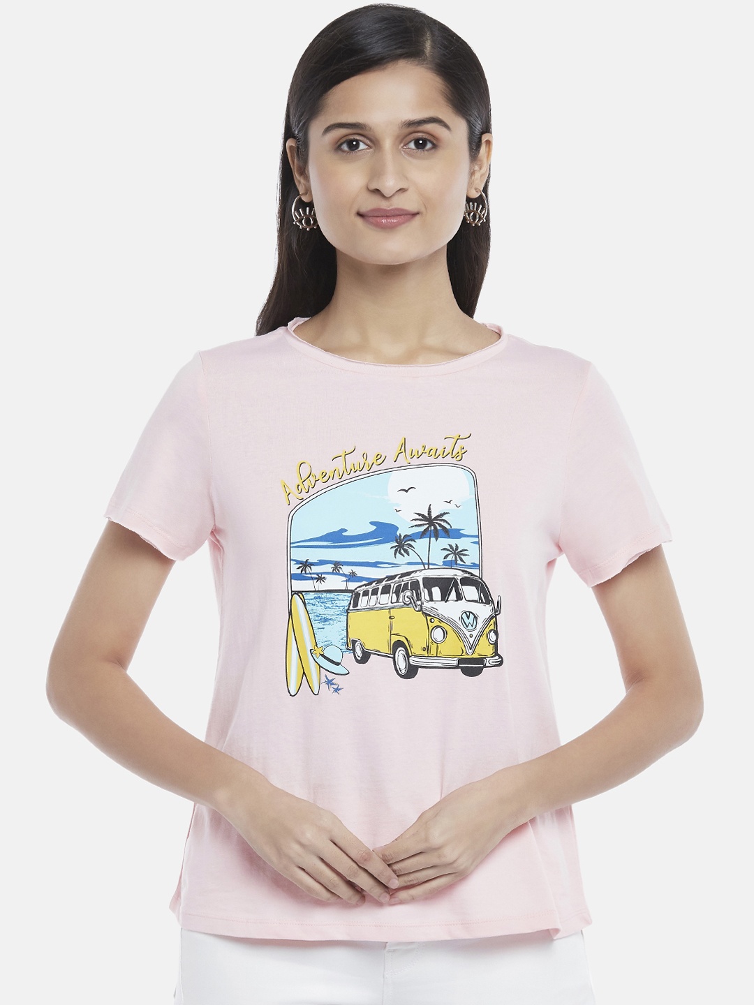 

People Women Pink & Yellow Printed Pure Cotton T-shirt