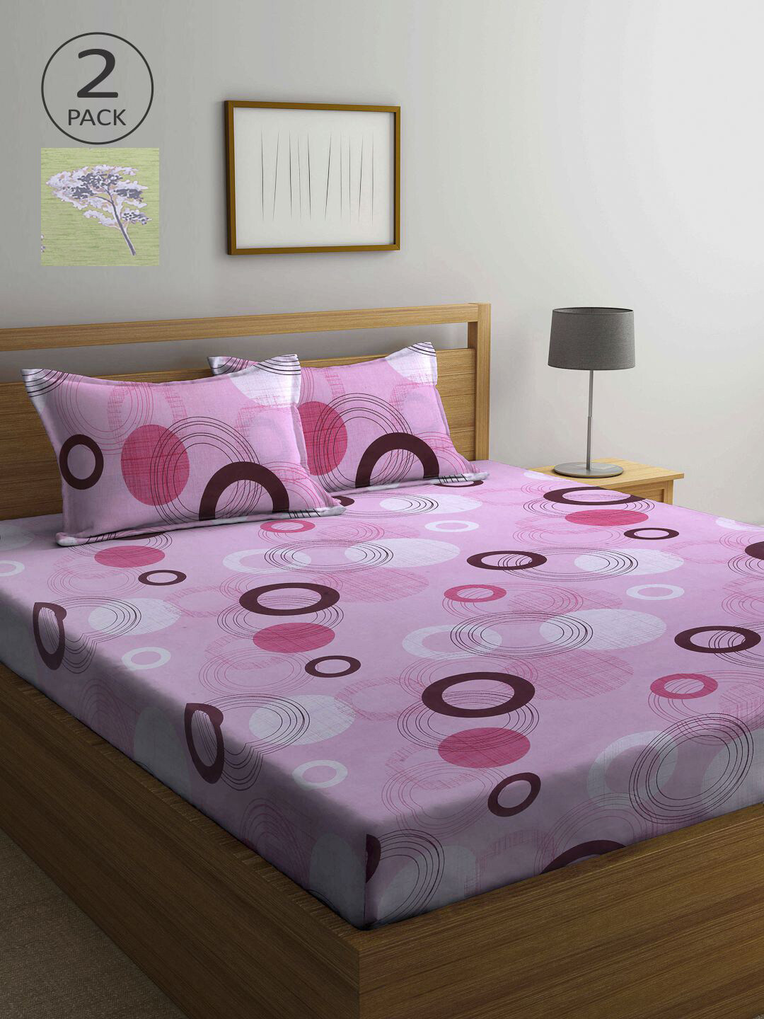 

KLOTTHE Green & Pink Printed 210 TC Set of 2 Queen Bedsheet with 4 Pillow Covers