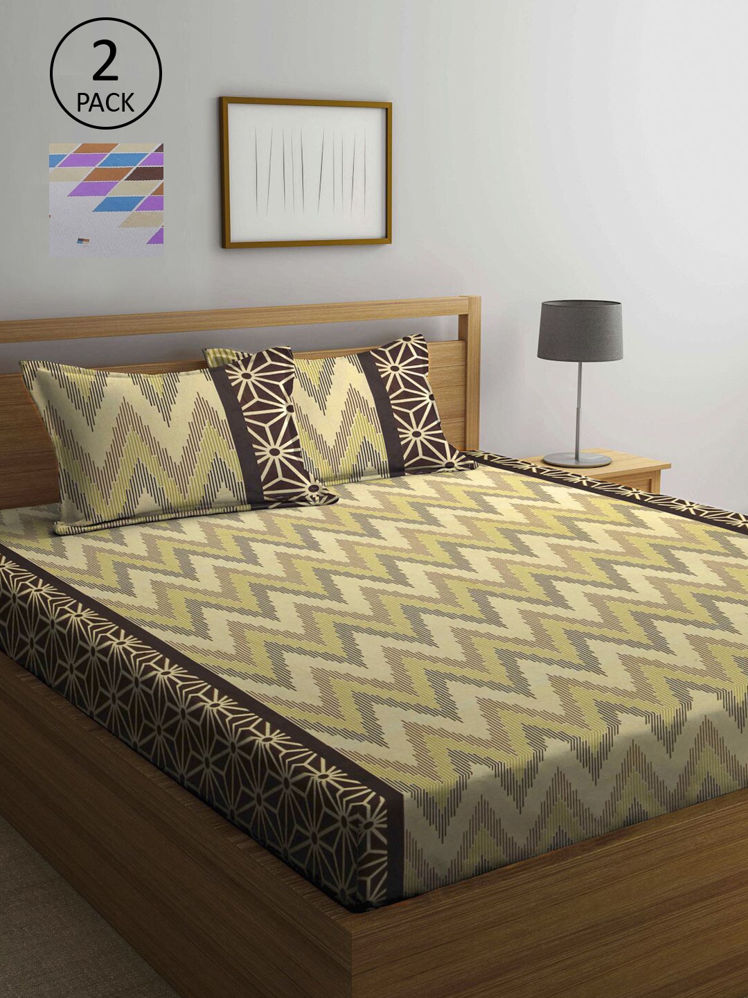 

KLOTTHE Brown & Multicoloured Printed 210 TC Set of 2 Queen Bedsheet with 4 Pillow Covers