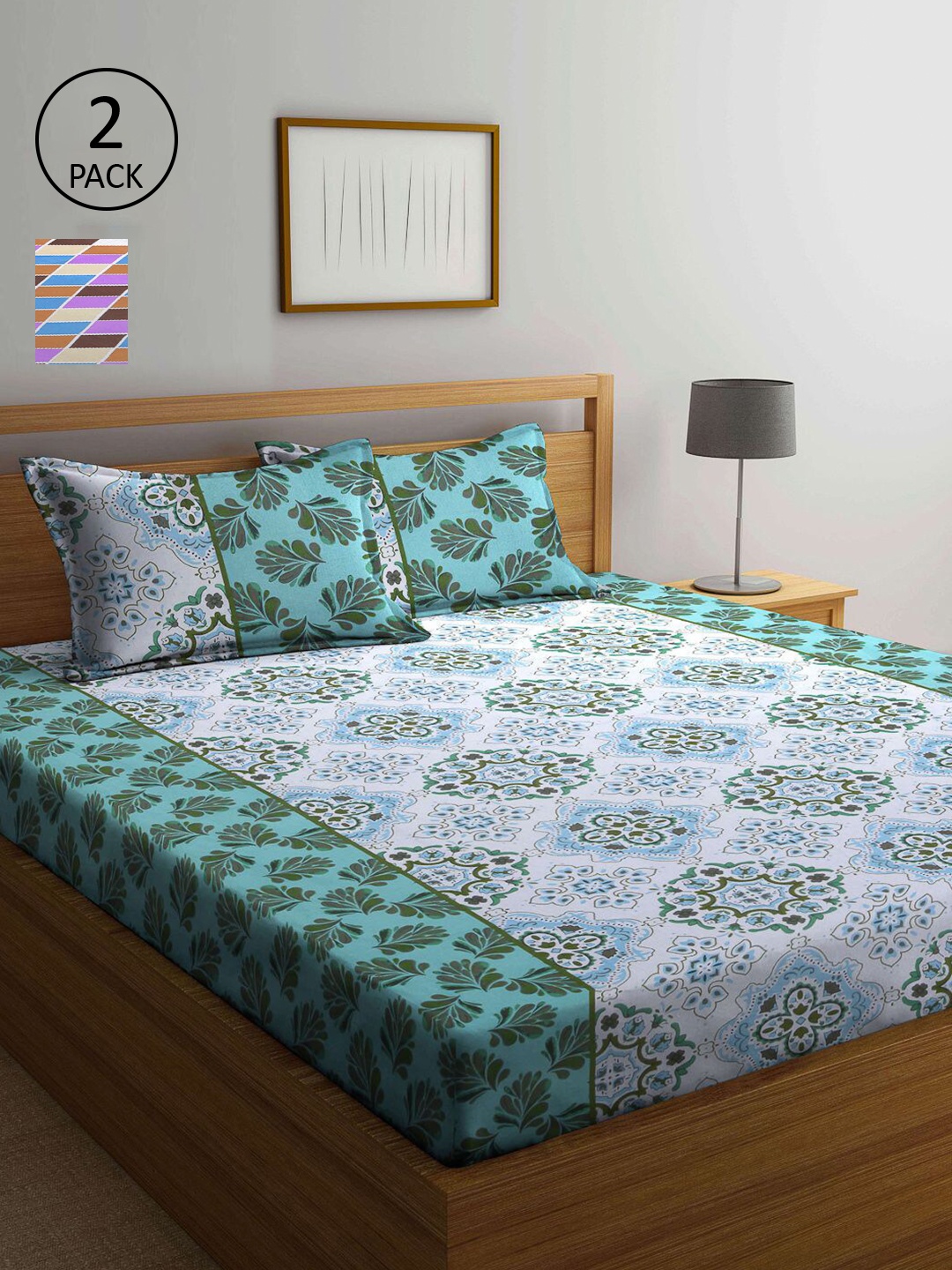 

KLOTTHE Green & Multicoloured Floral 210 TC 2 Queen Bedsheet with 4 Pillow Covers