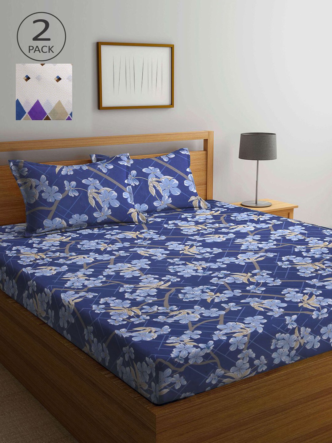 

KLOTTHE Blue & Multicoloured Printed 210 TC Set of 2 Queen Bedsheet with 4 Pillow Covers