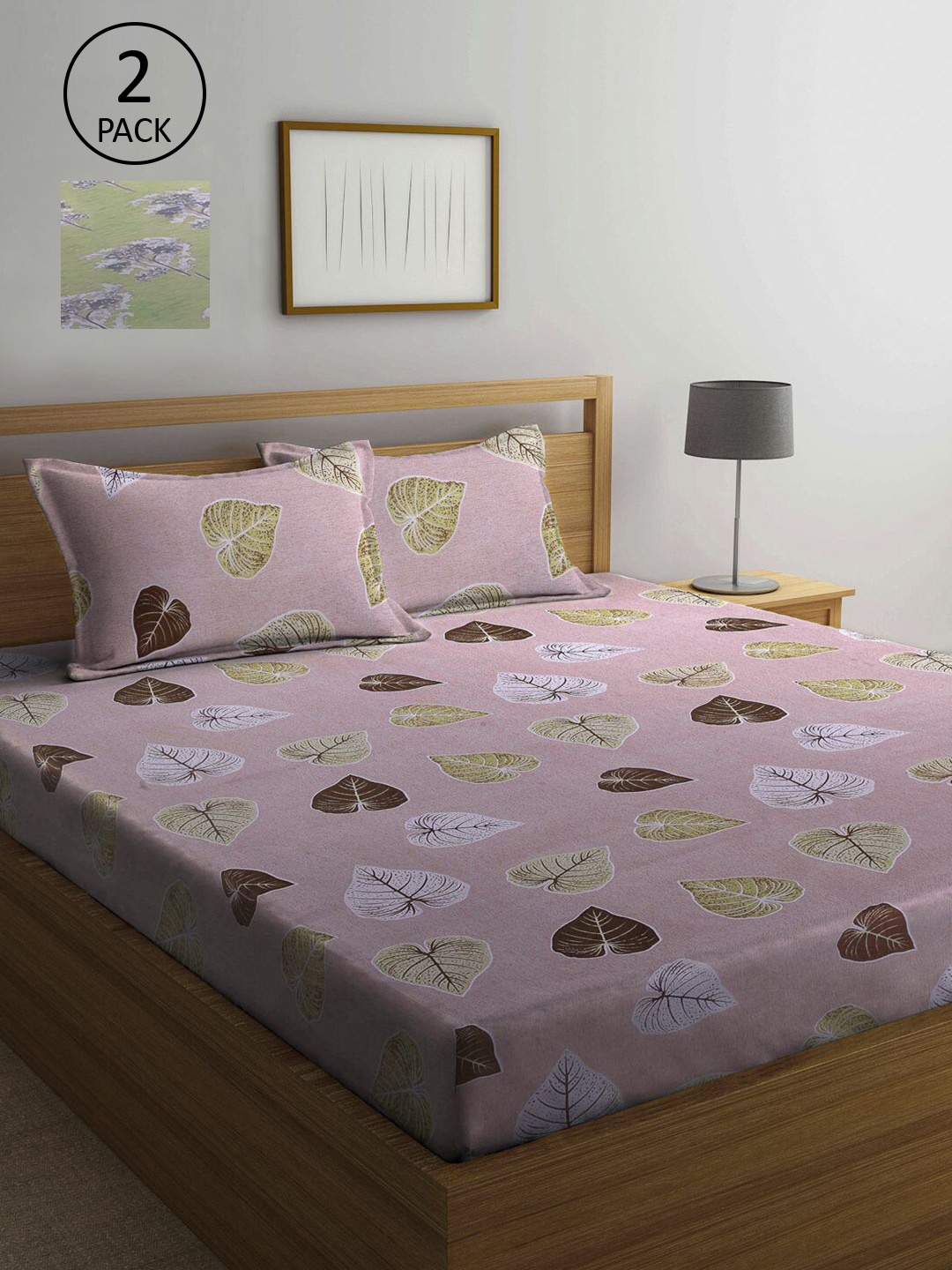 

KLOTTHE Peach & Green Floral 210 TC 2 Queen Bedsheet with 4 Pillow Covers