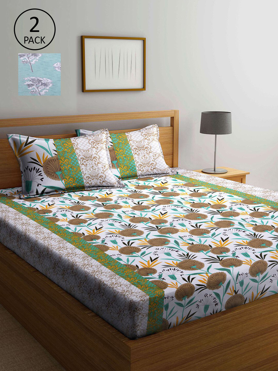 

KLOTTHE Blue & Green Printed 210 TC Set of 2 Queen Bedsheet with 4 Pillow Covers