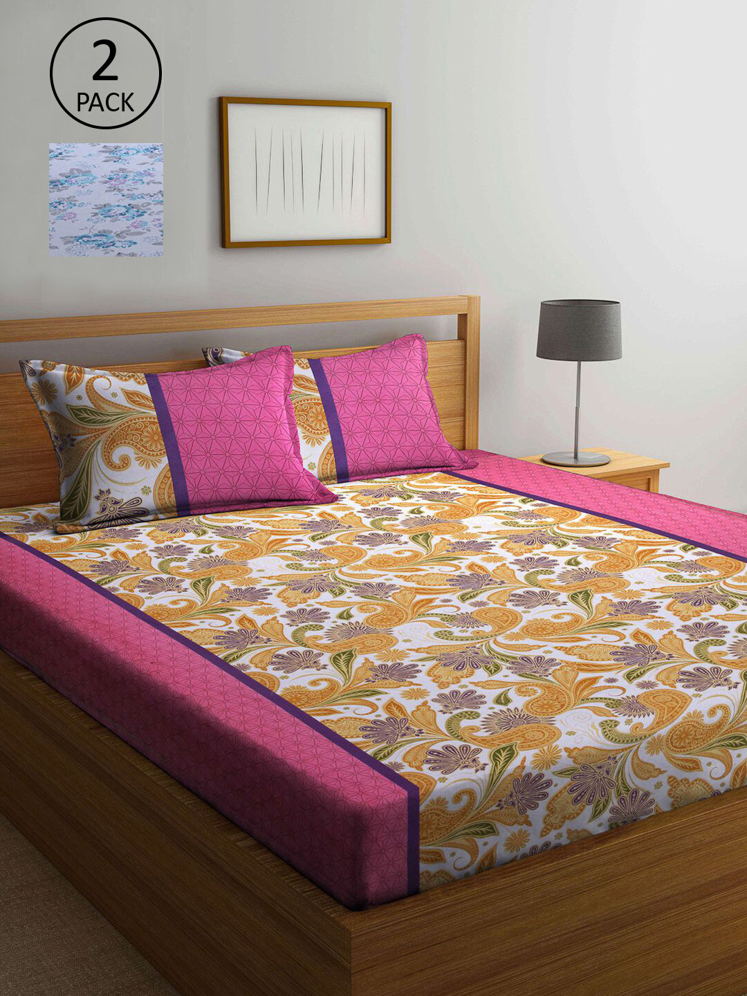 

KLOTTHE Blue & Pink Floral 210 TC 2 Queen Bedsheet with 4 Pillow Covers
