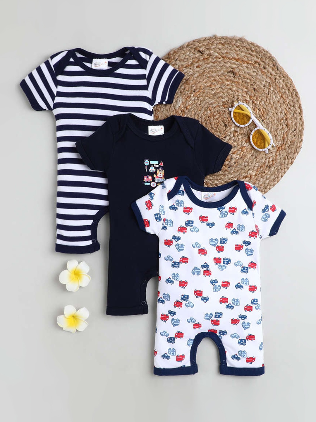 

STARTERS Infant Kids Pack Of 3 Printed Cotton Rompers, White