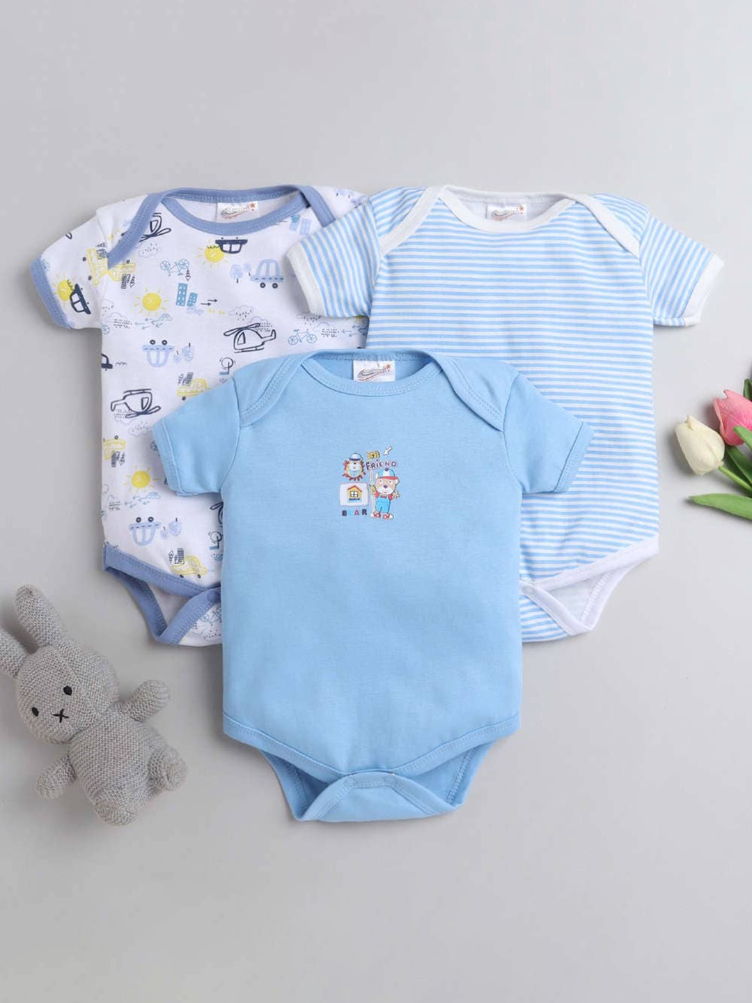 

STARTERS Kids Pack of 3 Blue Printed Cotton Bodysuit