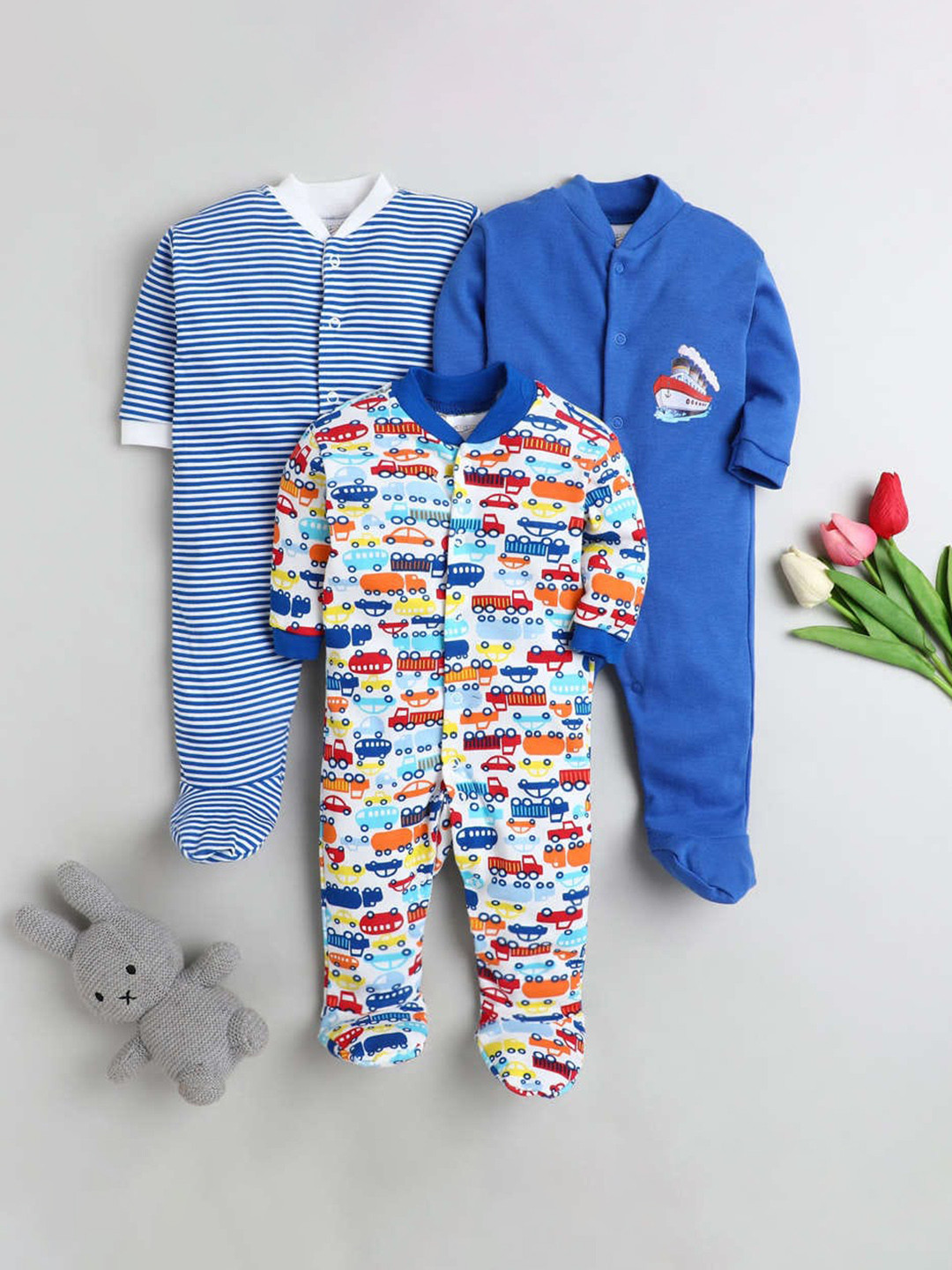 

STARTERS Infant Kids Pack Of 3 Printed Cotton Sleepsuits, Blue