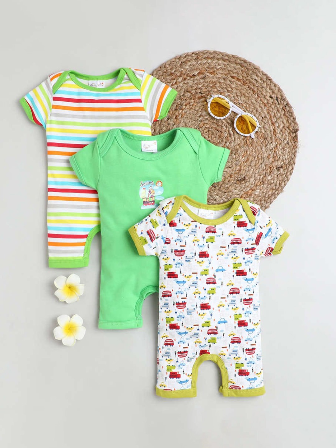 

STARTERS Kids Pack Of 3 Printed Cotton Rompers, Green
