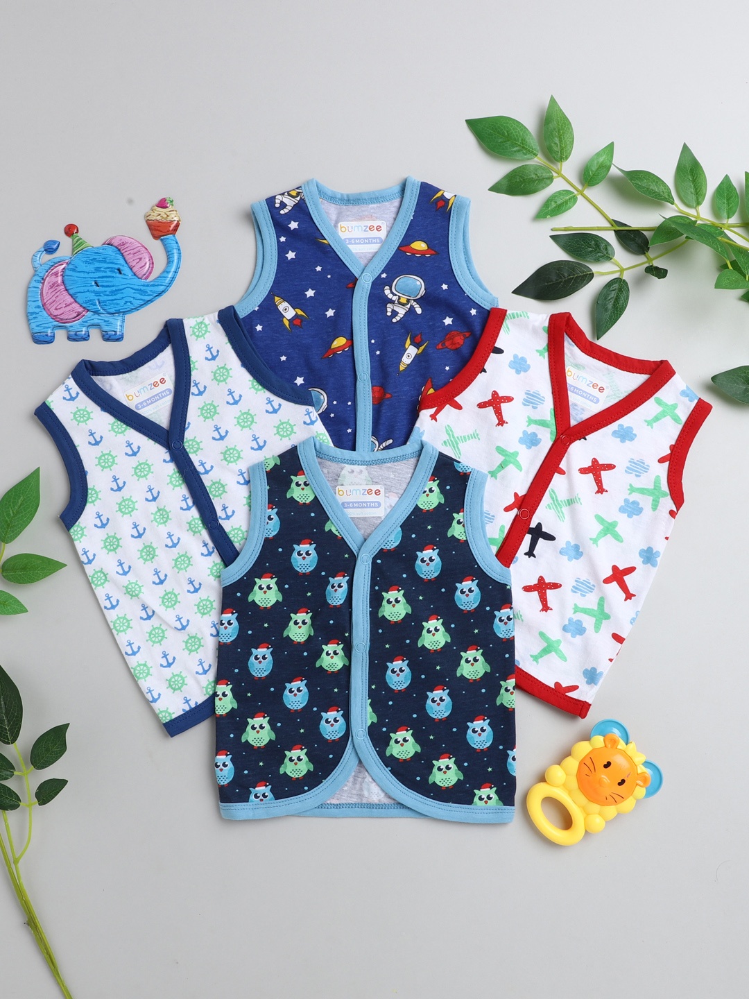 

BUMZEE Boys Pack Of 4 Blue & White Printed Cotton Jablas