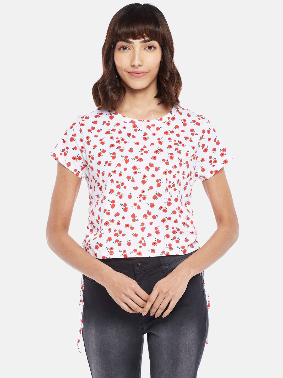 

People White Floral Printed Pure Cotton Regular Fit Crop Top