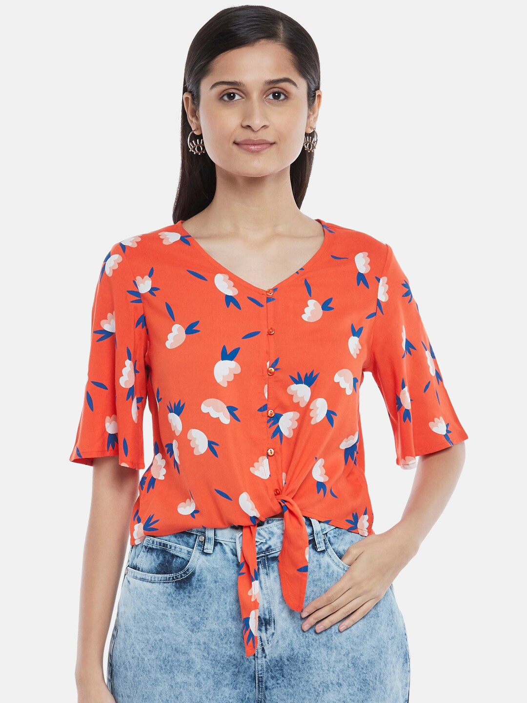 

People Women Orange & Blue Floral Printed Regular Top