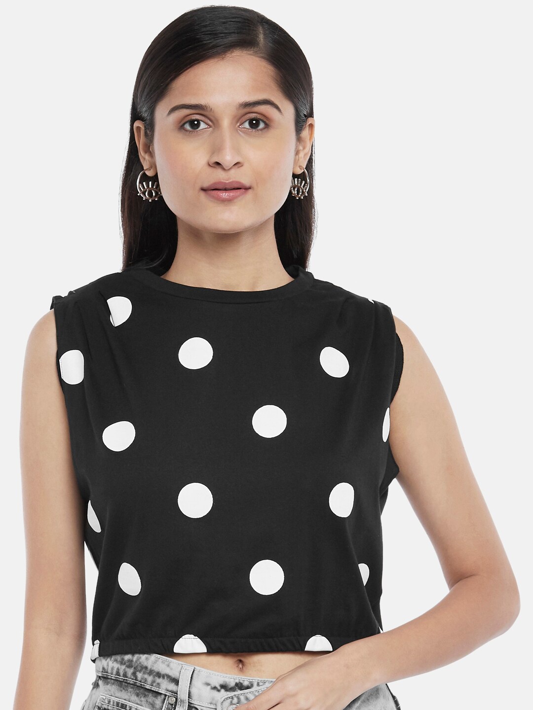 

People Women Black Polka Dot Printed Cotton Top
