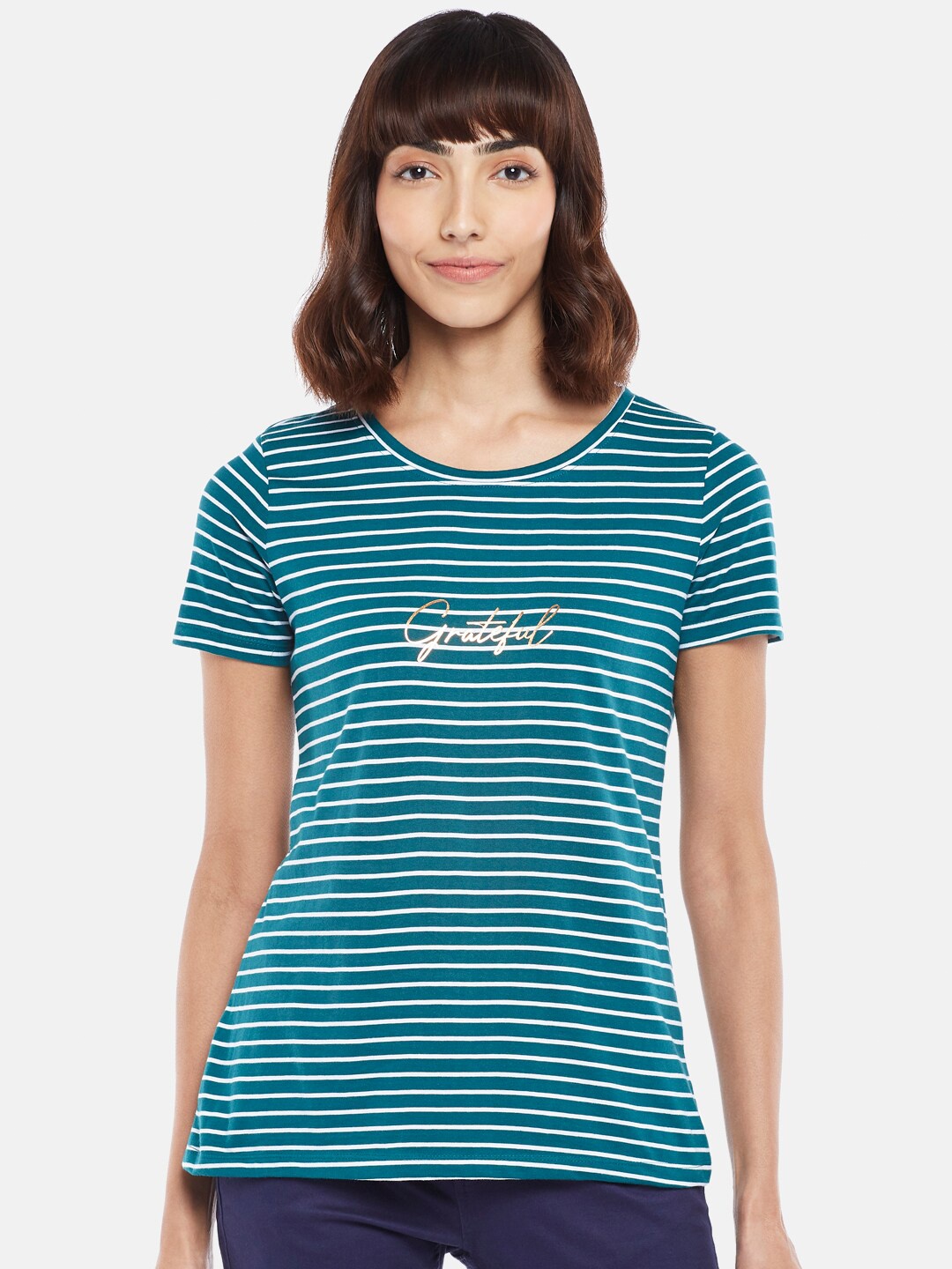

Honey by Pantaloons Women Teal Striped Pure Cotton Regular Fit T-shirt