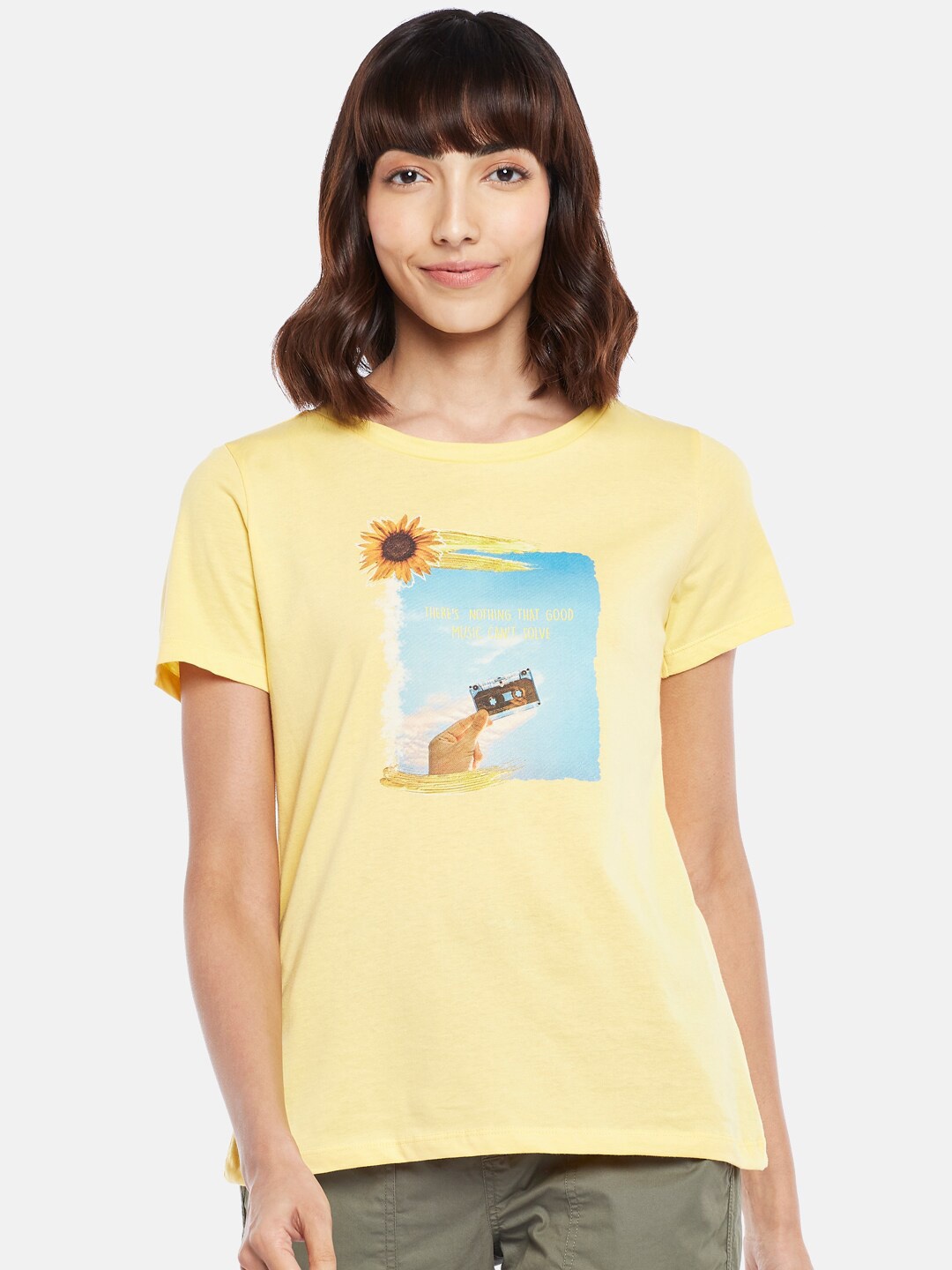 

Honey by Pantaloons Women Yellow Printed Pure Cotton T-shirt
